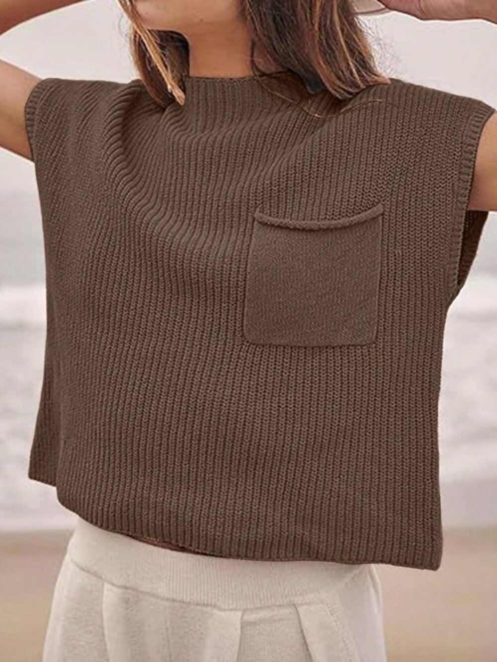 Khaki Casual Women's Cap Sleeve Pocket Knit Top - Picture 3 of 7